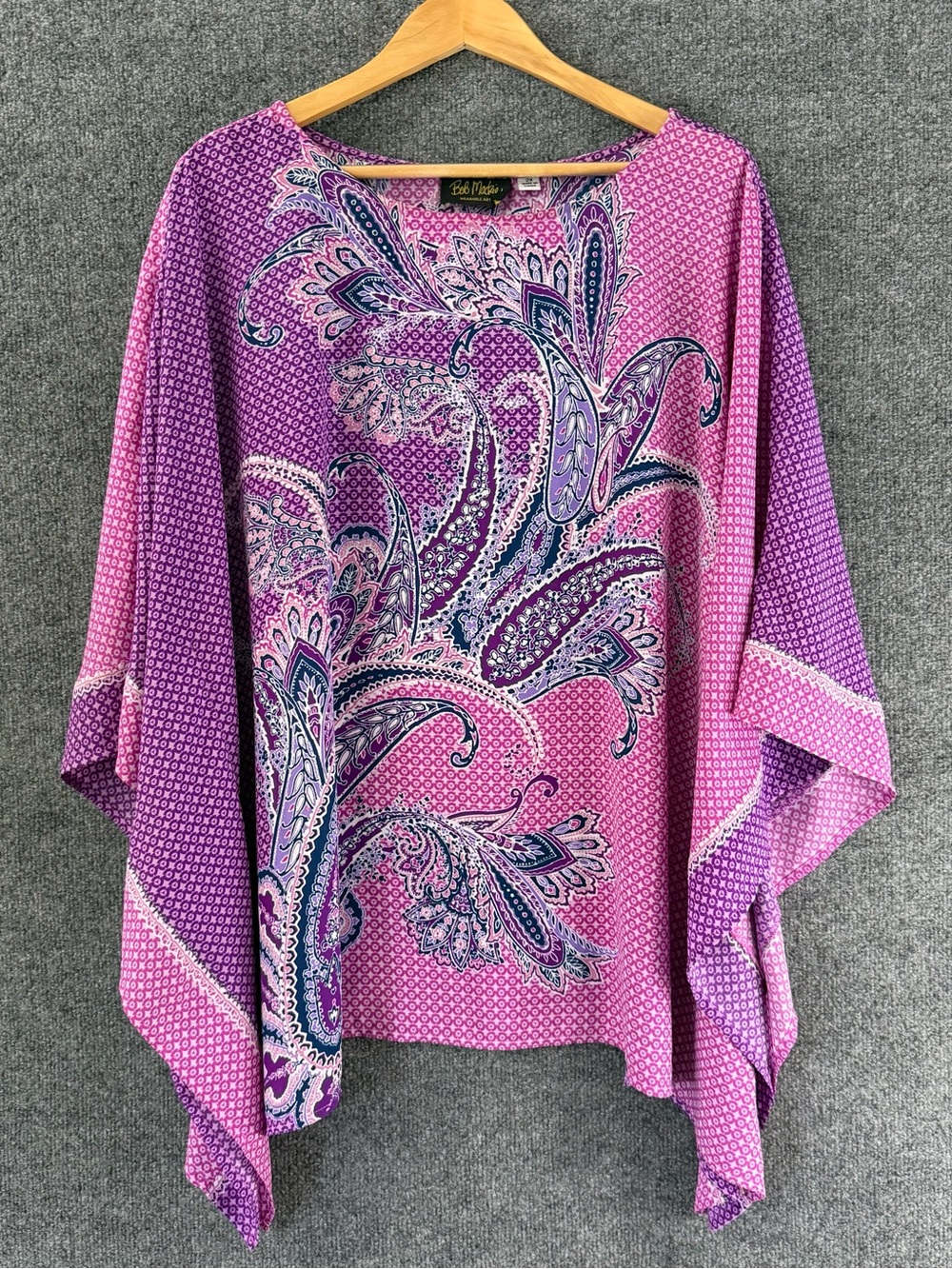 Bob Mackie Womens Kimono Sleeve Top Size 2X Paisley Purple Pink Artsy Flowy